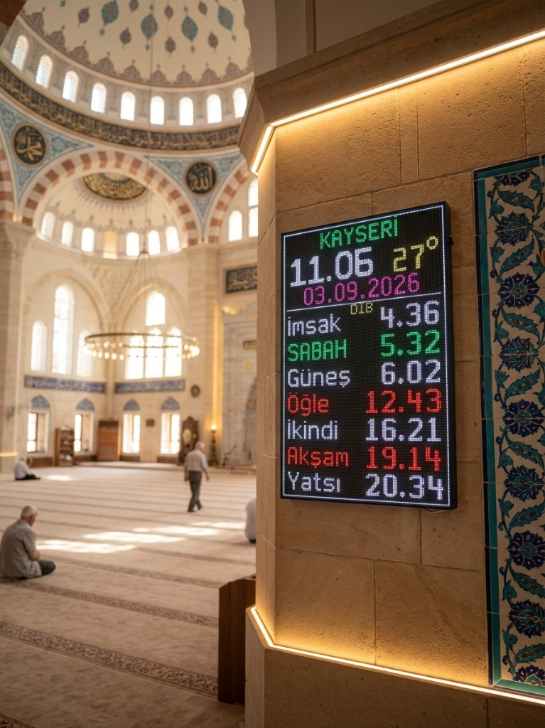 Büyük bir caminin sütununa monte edilmiş Cami Saati; kubbe ve cemaat arka planda