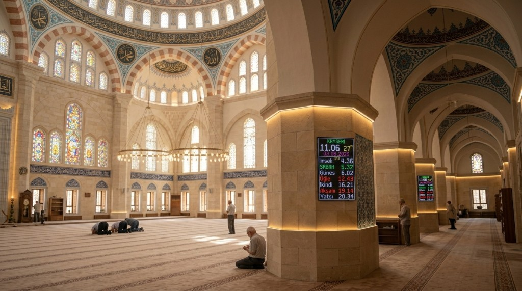 Cami salonunda sütunlara asılmış Cami Saati panelleri; cemaat ve kubbe arka planda
